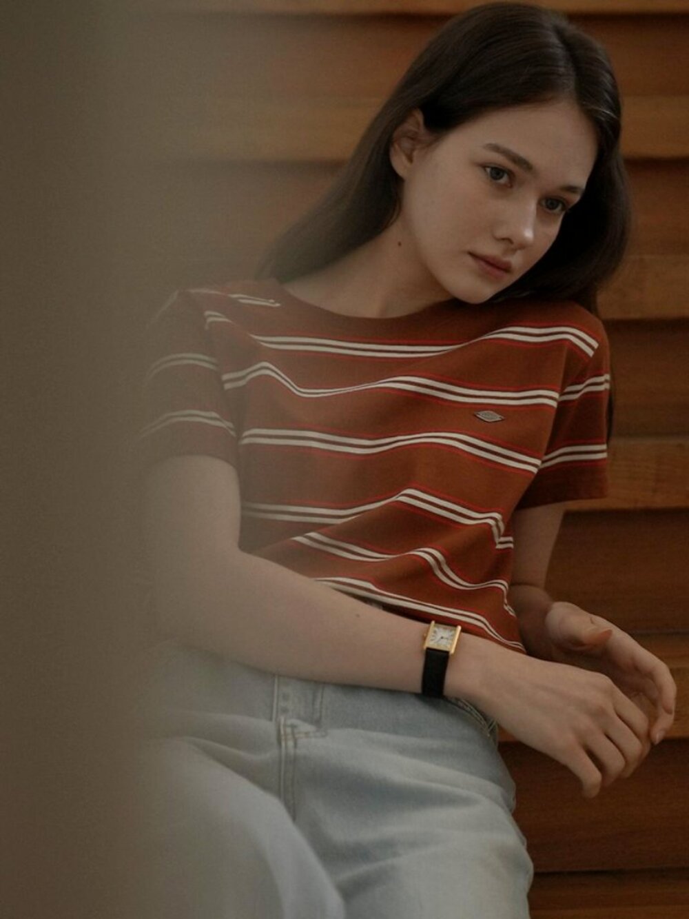 TILLIDIE Multi Stripe Cotton T-shirt Brown Size S